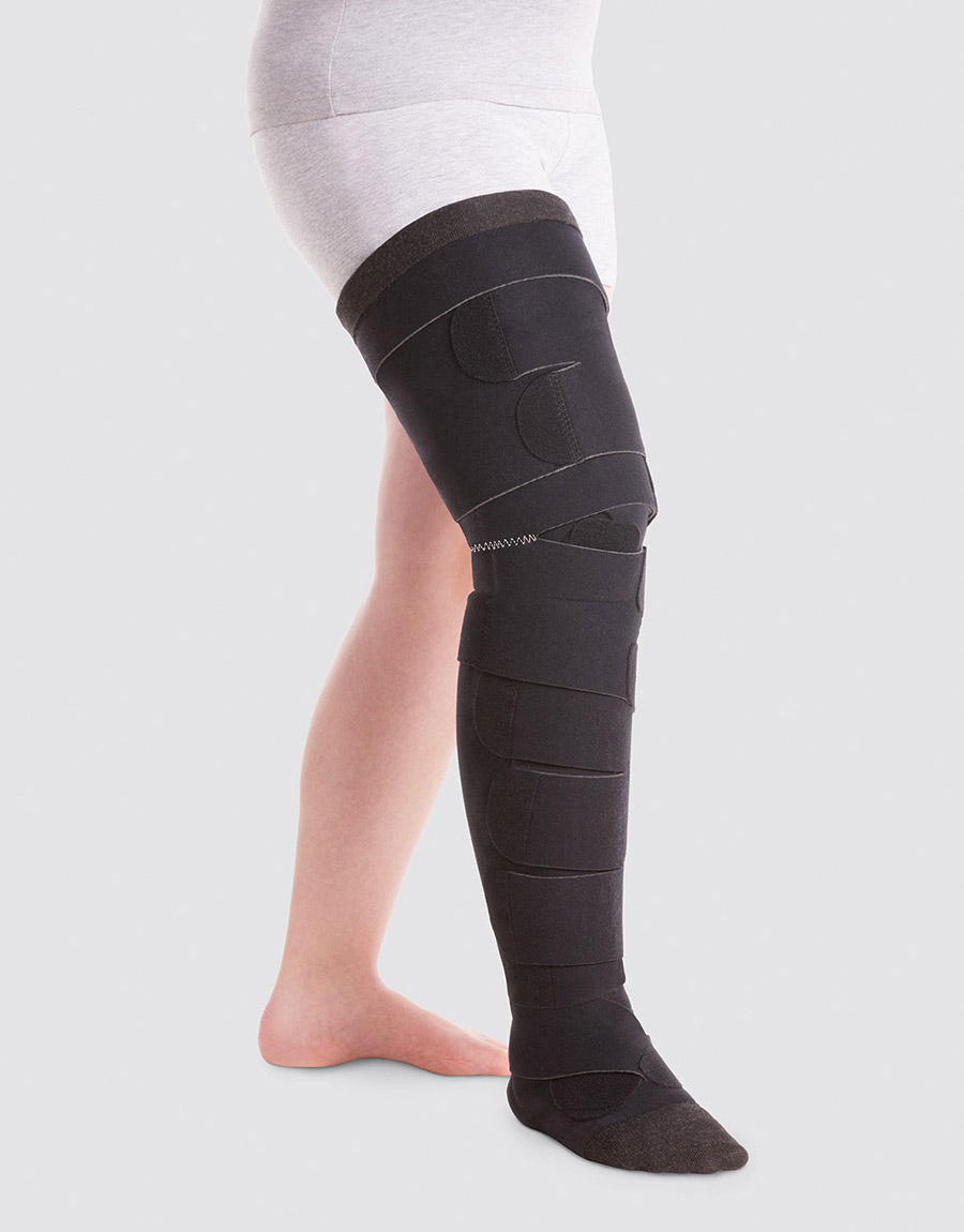 A person is wearing a combination of Juzo ACS Light leg segments