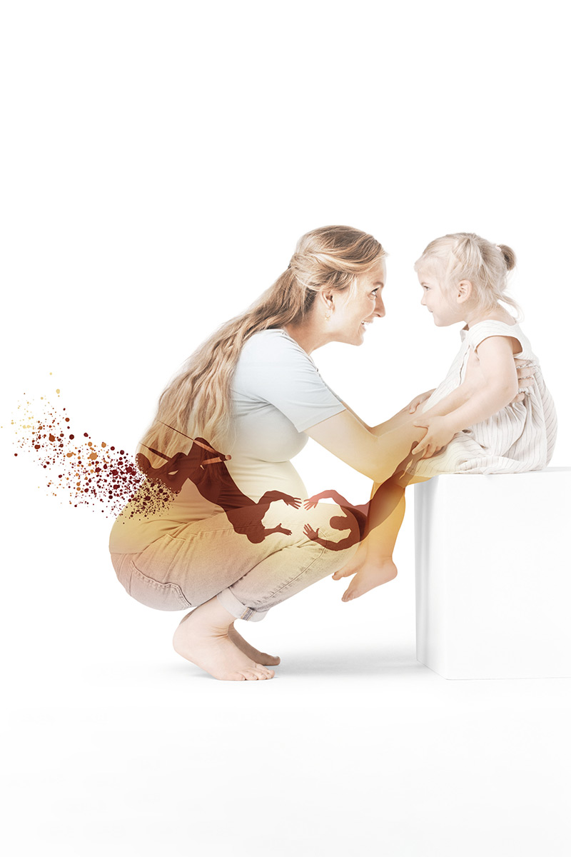 Mum smiles at her daughter. In the foreground are two trapeze artists, symbolising reliability