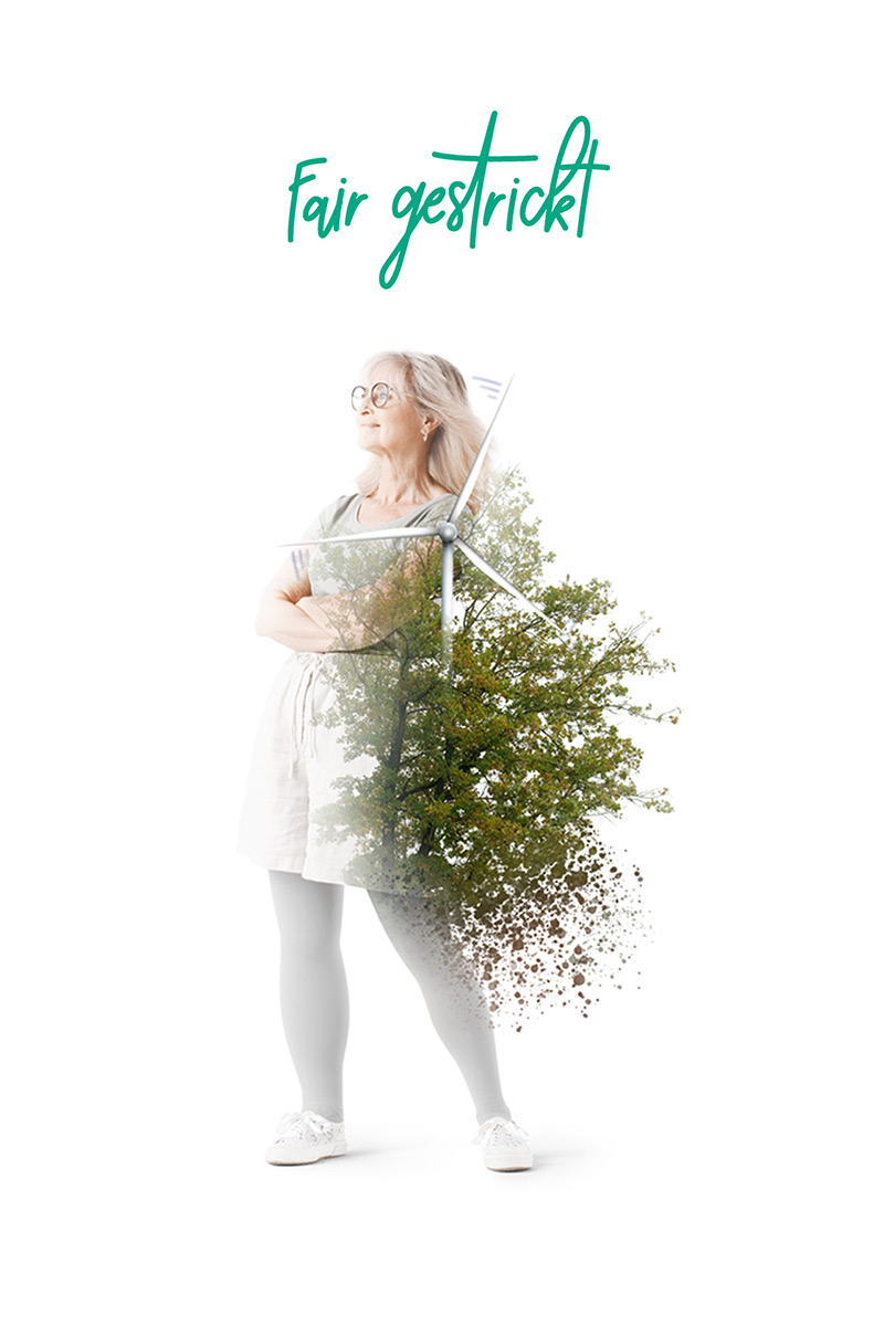 Frau, die in die Zukunft blickt im Hintergrund. Im Vordergrund Wald und ein Windrad. Frau, die in die Zukunft blickt im Hintergrund. Im Vordergrund Wald und ein Windrad.