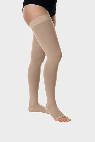 Juzo Basic thigh stockings in Almond, with open toe Juzo Basic thigh stockings in Almond, with open toe