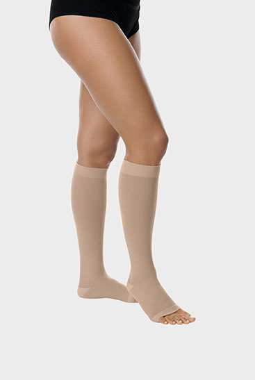Juzo Basic below-knee stockings in Almond, with open toe Juzo Basic below-knee stockings in Almond, with open toe